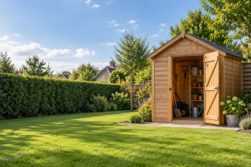 Abri de jardin en bois au fond d’un jardin, porte ouverte