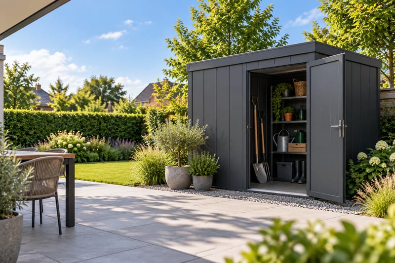 Abri de jardin moderne en aluminium anthracite à toit plat