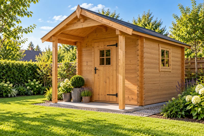 Abri de jardin en madriers de bois clair avec auvent