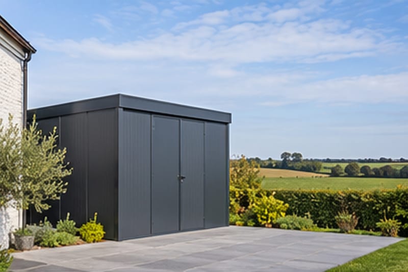 Abri en aluminium anthracite près d’une maison en brique blanchie, champs ondulés du Brabant wallon