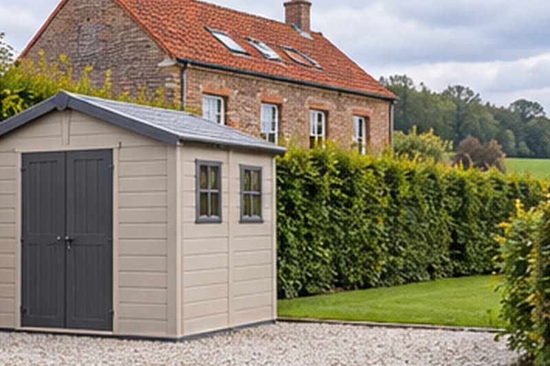 Beige pvc-tuinhuis langs een haag, bakstenen woning met rode pannen in Henegouwen